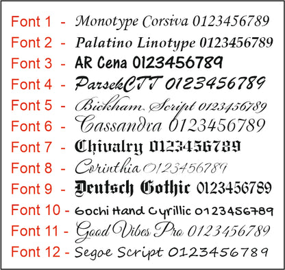 Customization guide: 12 unique typography font styles for personalized laser engraving services.